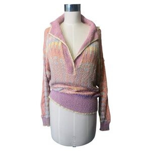 Vintage Brenda French Hand Loomed Abstract‎ Pattern Pastel V-Neck Sweater